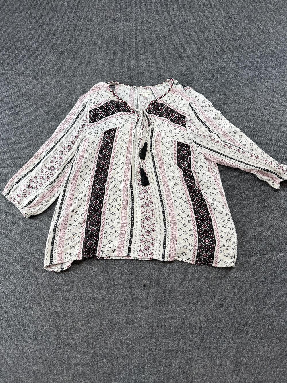 DownEast Blouse Womens XL White Boho Striped Tassel Tie 3/4 Sleeve Tunic Top